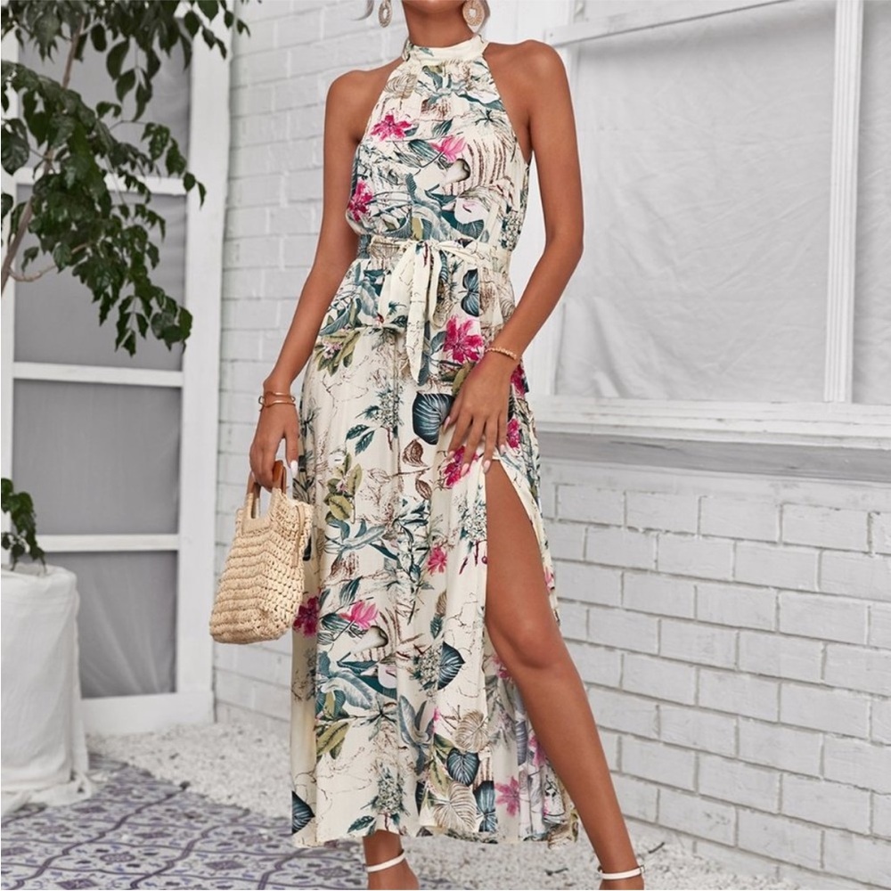 Cream Floral Halter Maxi Dress with Side Slit